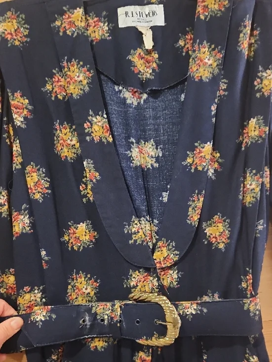 Vintage R.J. Stevens By Carol Escritor Navy Floral V-Neck Midi Dress - Picture 2 of 5